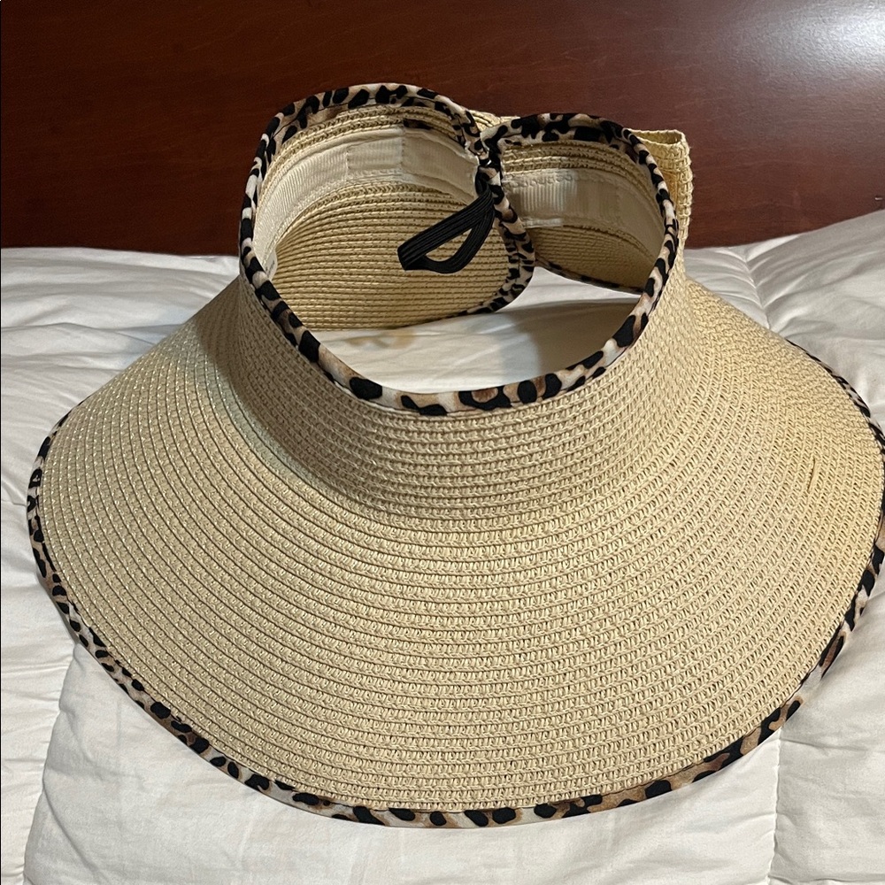 Beige Straw Sun Visor with Leopard-Print Trim